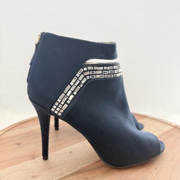 Nine West Boots Womens Size 7M Navy Blue Peep Toe Ankle Bootie Rhinestone Heels - Picture 1 of 12